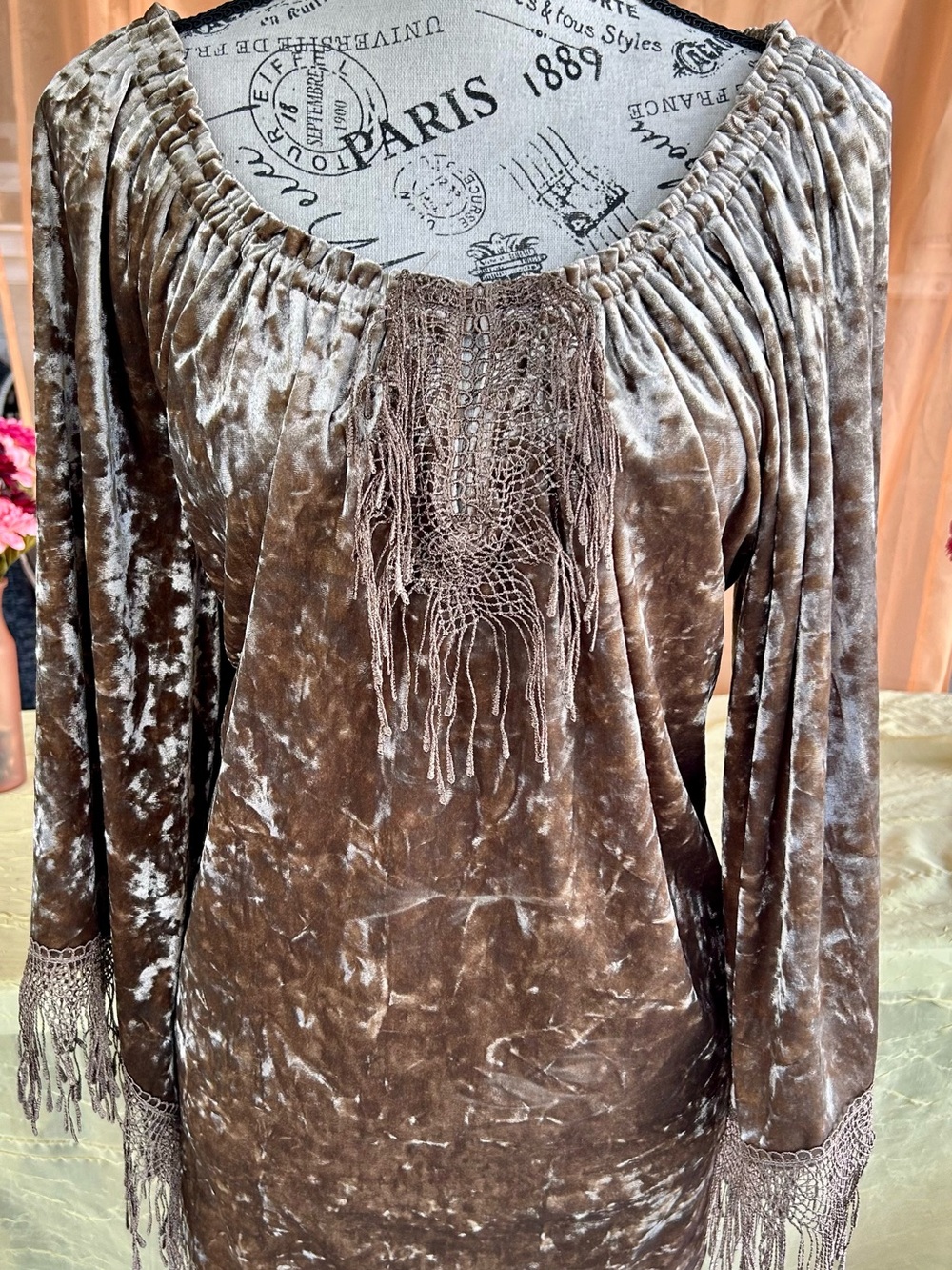Melissa Paige Crushed Velvet Fringe Tunic in Brown